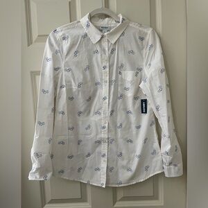 NWT Women’s Old Navy 100% cotton white button down shirt bicycle print 2013 S